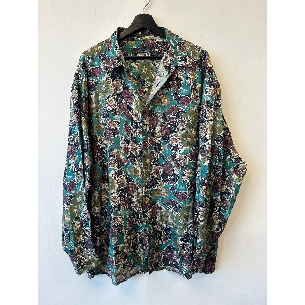 Vintage Basic Elements Shirt Mens XL Multi Color‎ Silk Button Front Floral 90s